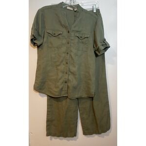 Chico's Matching Pants Set Womens Sz 4 (Chico's 0) Olive Green 2pc Linen‎ Outfit